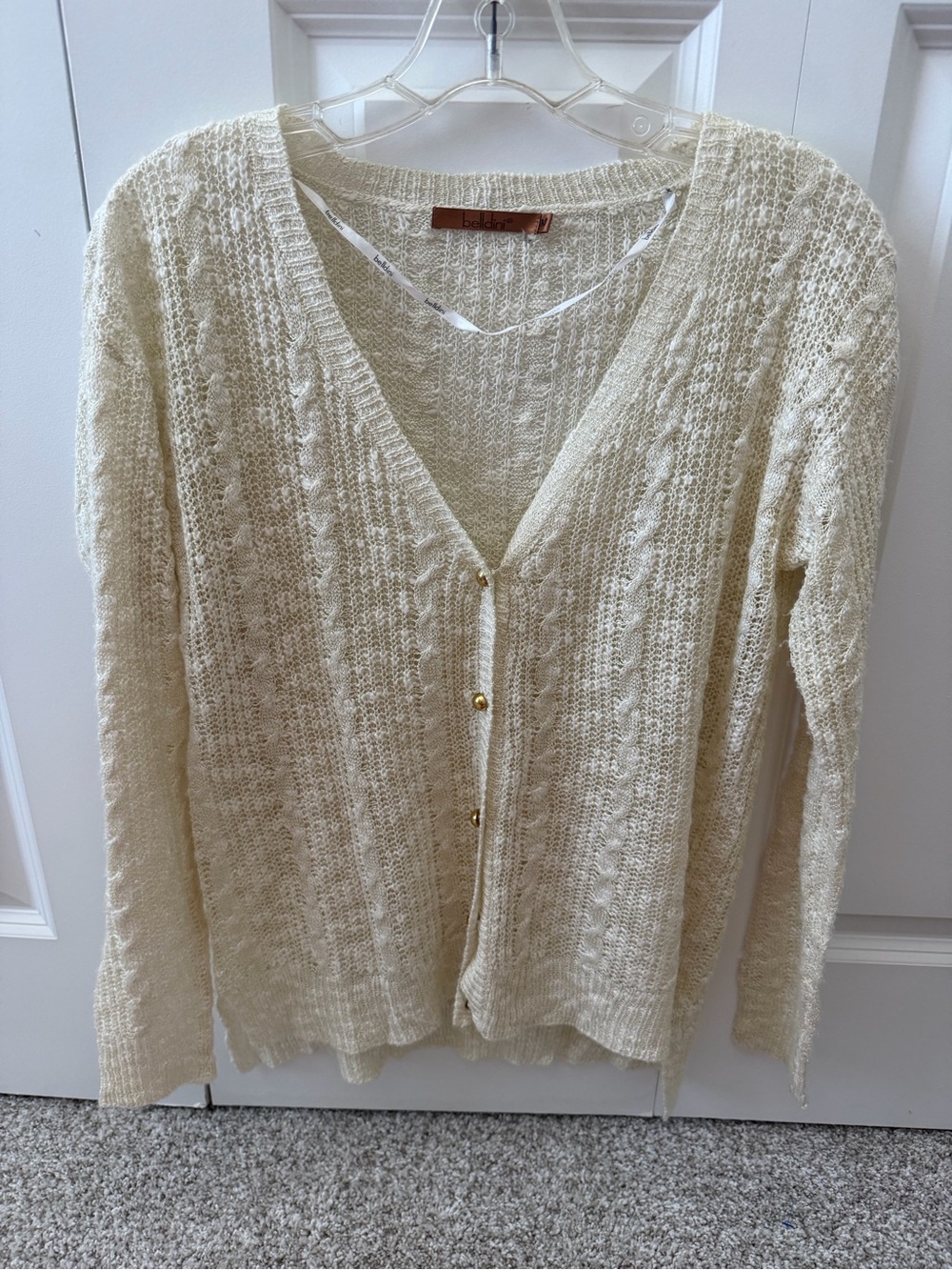 Belldini Open Knit Cable Cardigan Sweater V-Neck Gold Button Cream Ivory
